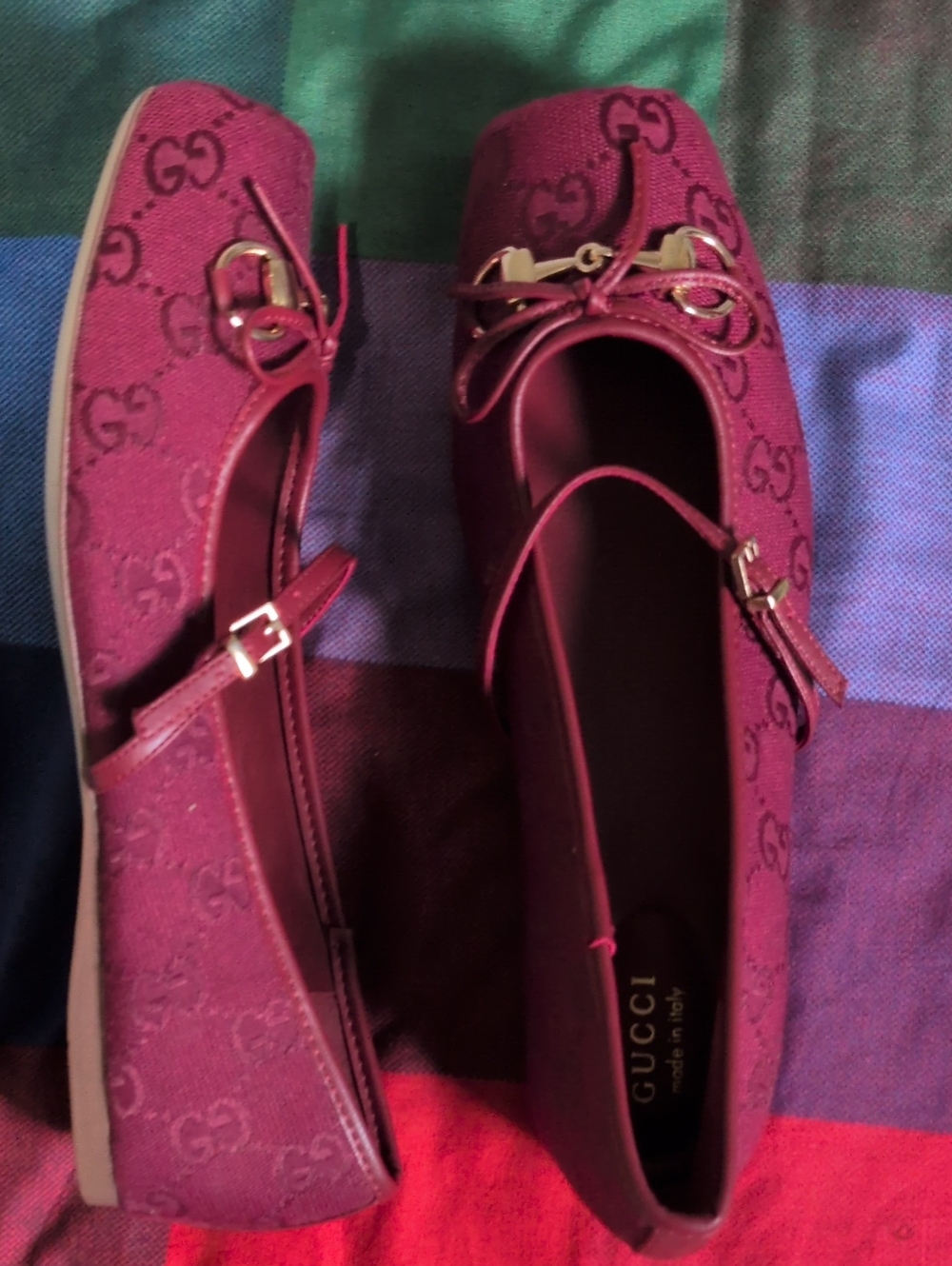 Gucci Burgundy GG Canvas Mary Jane Flats with Gold Hardware